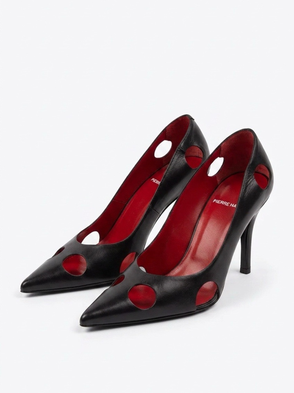 Pierre Hardy Black Leather Cut Out Polka Dot Pumps with Red Lining 39